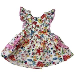 NWT Pippa & Julie Floral Dress Ruffle Sleeves‎ Gingham Pockets White Size 12M